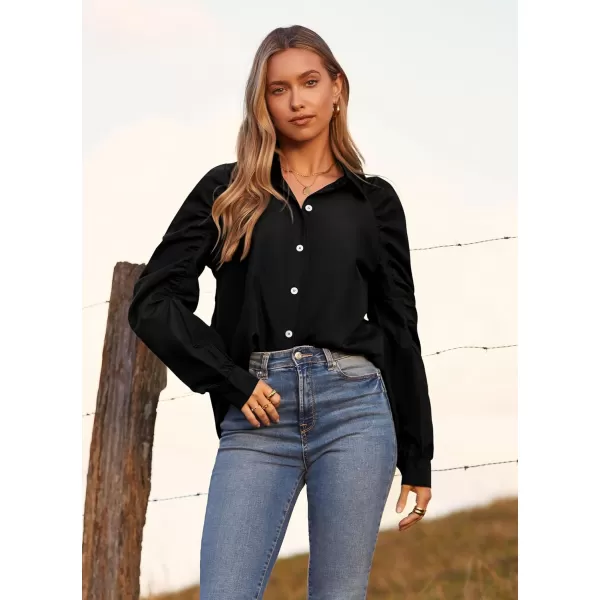 imagePRETTYGARDEN Womens 2023 Fall Fashion Button Down Shirts Ruched Long Sleeve Business Casual Blouse TopsBlack
