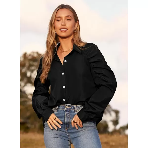 imagePRETTYGARDEN Womens 2023 Fall Fashion Button Down Shirts Ruched Long Sleeve Business Casual Blouse TopsBlack