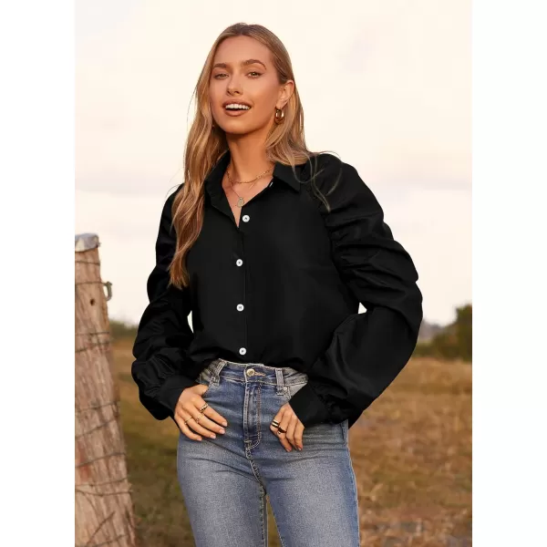 imagePRETTYGARDEN Womens 2023 Fall Fashion Button Down Shirts Ruched Long Sleeve Business Casual Blouse TopsBlack