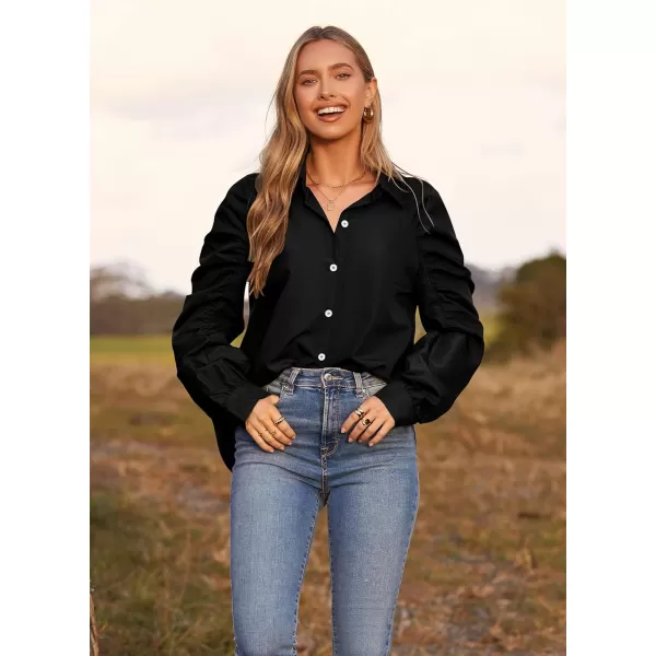 imagePRETTYGARDEN Womens 2023 Fall Fashion Button Down Shirts Ruched Long Sleeve Business Casual Blouse TopsBlack