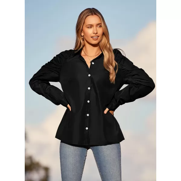imagePRETTYGARDEN Womens 2023 Fall Fashion Button Down Shirts Ruched Long Sleeve Business Casual Blouse TopsBlack