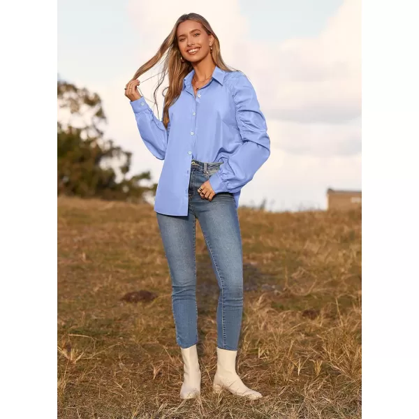 imagePRETTYGARDEN Womens 2023 Fall Fashion Button Down Shirts Ruched Long Sleeve Business Casual Blouse TopsBlue