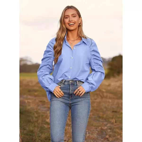 imagePRETTYGARDEN Womens 2023 Fall Fashion Button Down Shirts Ruched Long Sleeve Business Casual Blouse TopsBlue