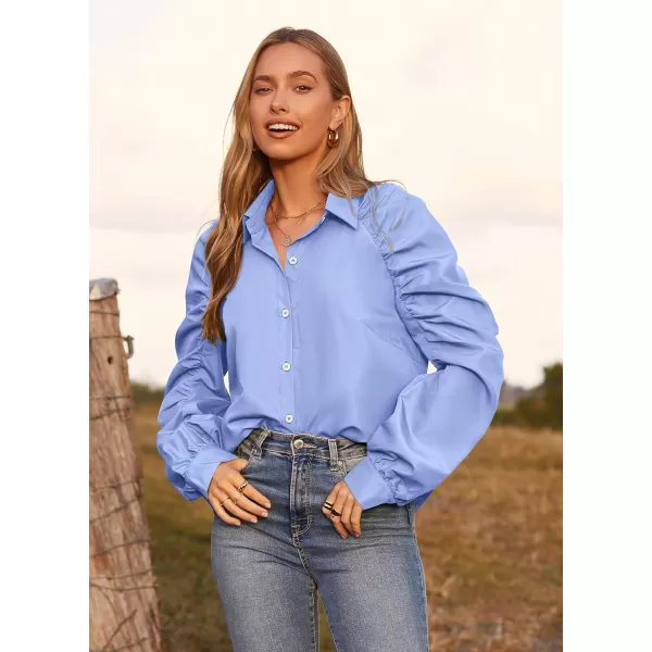 imagePRETTYGARDEN Womens 2023 Fall Fashion Button Down Shirts Ruched Long Sleeve Business Casual Blouse TopsBlue