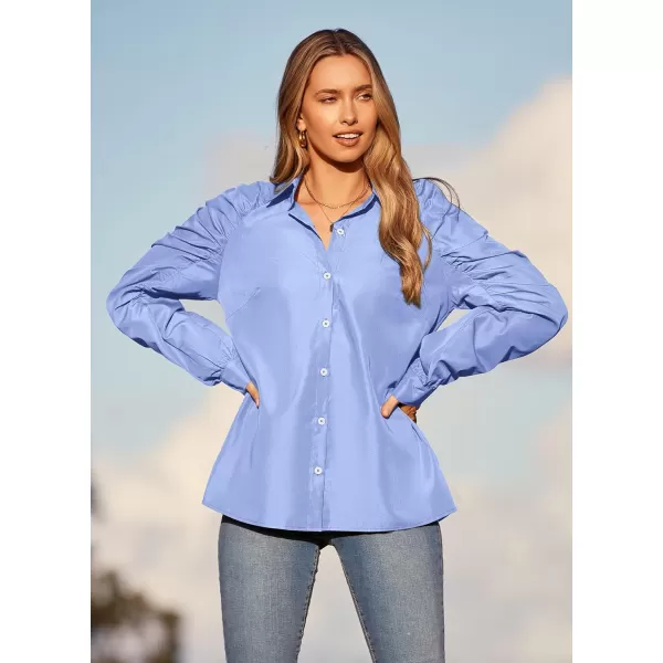 imagePRETTYGARDEN Womens 2023 Fall Fashion Button Down Shirts Ruched Long Sleeve Business Casual Blouse TopsBlue