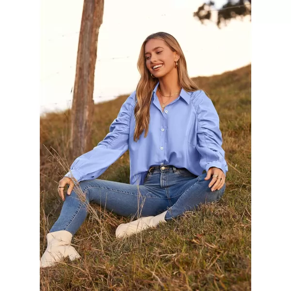 imagePRETTYGARDEN Womens 2023 Fall Fashion Button Down Shirts Ruched Long Sleeve Business Casual Blouse TopsBlue