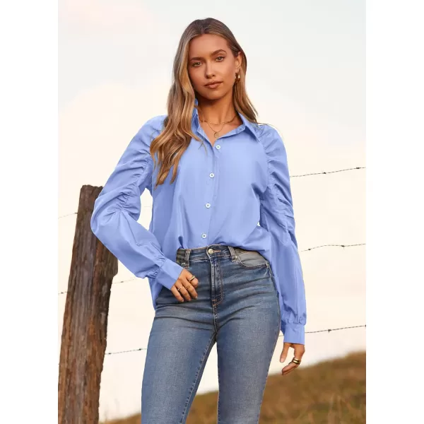 imagePRETTYGARDEN Womens 2023 Fall Fashion Button Down Shirts Ruched Long Sleeve Business Casual Blouse TopsBlue