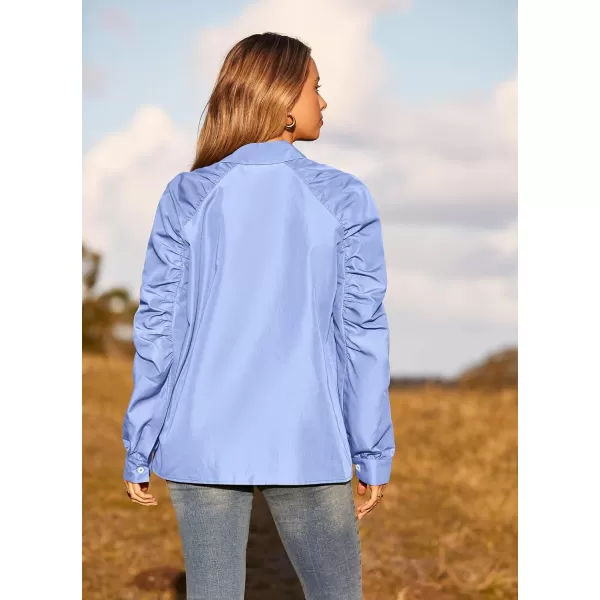 imagePRETTYGARDEN Womens 2023 Fall Fashion Button Down Shirts Ruched Long Sleeve Business Casual Blouse TopsBlue