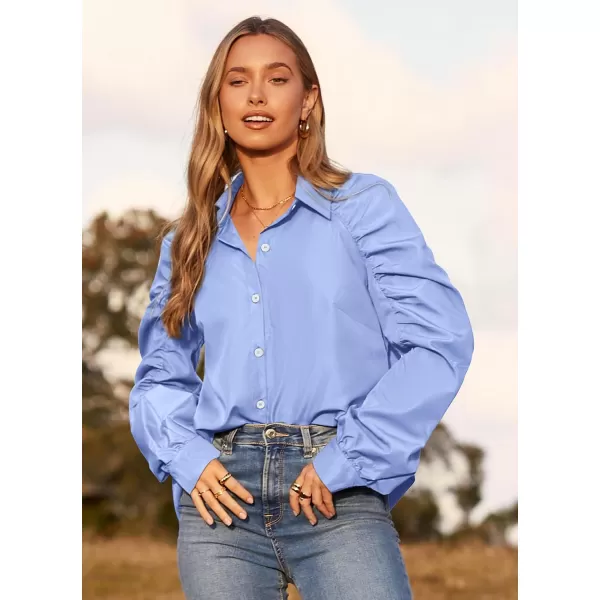 imagePRETTYGARDEN Womens 2023 Fall Fashion Button Down Shirts Ruched Long Sleeve Business Casual Blouse TopsBlue