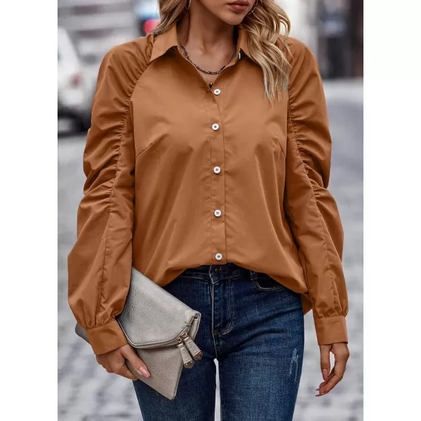 imagePRETTYGARDEN Womens 2023 Fall Fashion Button Down Shirts Ruched Long Sleeve Business Casual Blouse TopsBrown