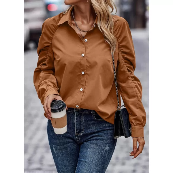 imagePRETTYGARDEN Womens 2023 Fall Fashion Button Down Shirts Ruched Long Sleeve Business Casual Blouse TopsBrown