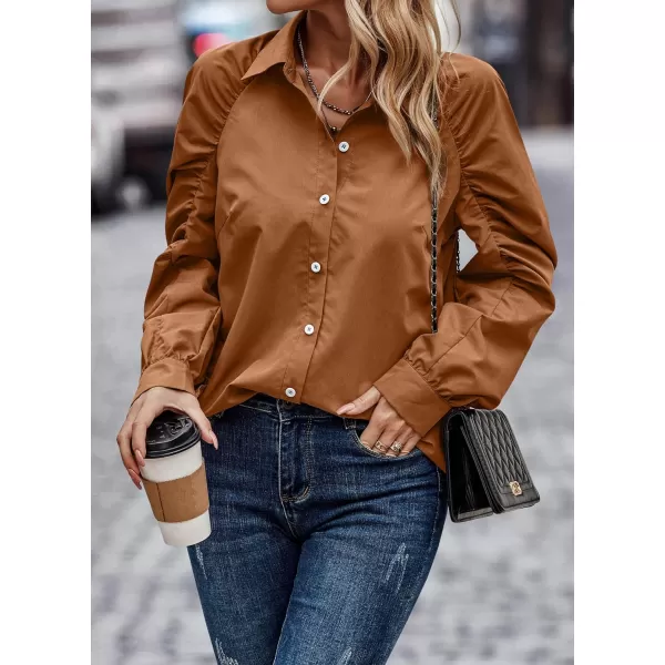 imagePRETTYGARDEN Womens 2023 Fall Fashion Button Down Shirts Ruched Long Sleeve Business Casual Blouse TopsBrown