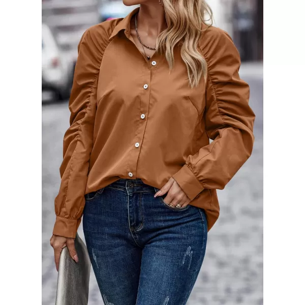 imagePRETTYGARDEN Womens 2023 Fall Fashion Button Down Shirts Ruched Long Sleeve Business Casual Blouse TopsBrown