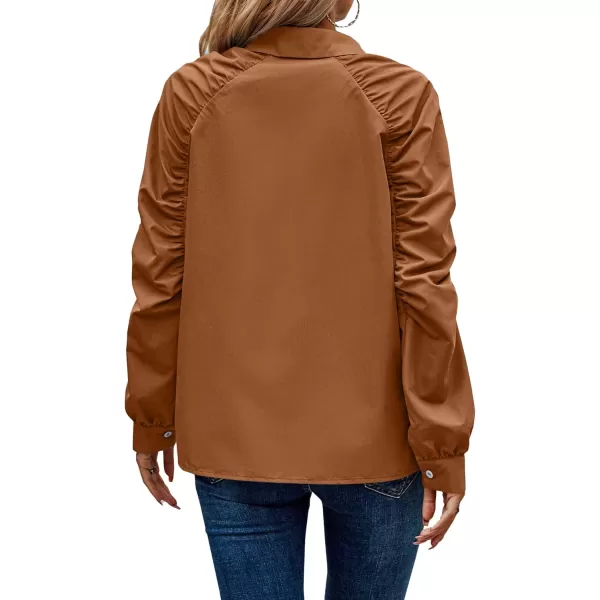 imagePRETTYGARDEN Womens 2023 Fall Fashion Button Down Shirts Ruched Long Sleeve Business Casual Blouse TopsBrown