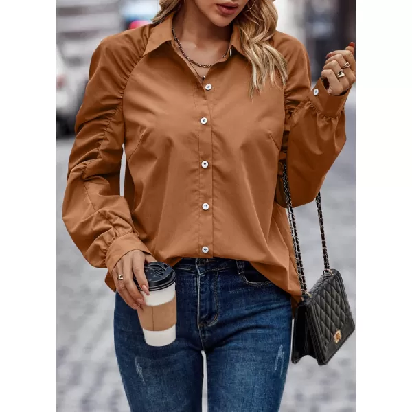 imagePRETTYGARDEN Womens 2023 Fall Fashion Button Down Shirts Ruched Long Sleeve Business Casual Blouse TopsBrown