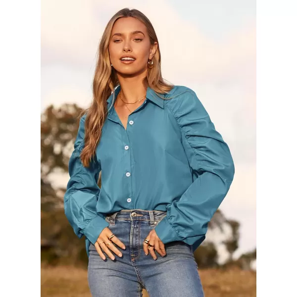 imagePRETTYGARDEN Womens 2023 Fall Fashion Button Down Shirts Ruched Long Sleeve Business Casual Blouse TopsLake Blue