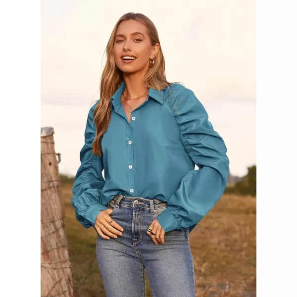 imagePRETTYGARDEN Womens 2023 Fall Fashion Button Down Shirts Ruched Long Sleeve Business Casual Blouse TopsLake Blue