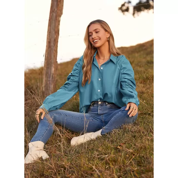 imagePRETTYGARDEN Womens 2023 Fall Fashion Button Down Shirts Ruched Long Sleeve Business Casual Blouse TopsLake Blue