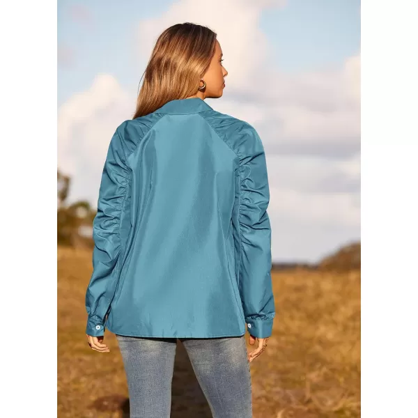 imagePRETTYGARDEN Womens 2023 Fall Fashion Button Down Shirts Ruched Long Sleeve Business Casual Blouse TopsLake Blue