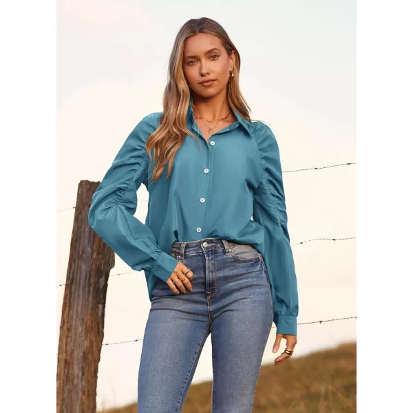 imagePRETTYGARDEN Womens 2023 Fall Fashion Button Down Shirts Ruched Long Sleeve Business Casual Blouse TopsLake Blue