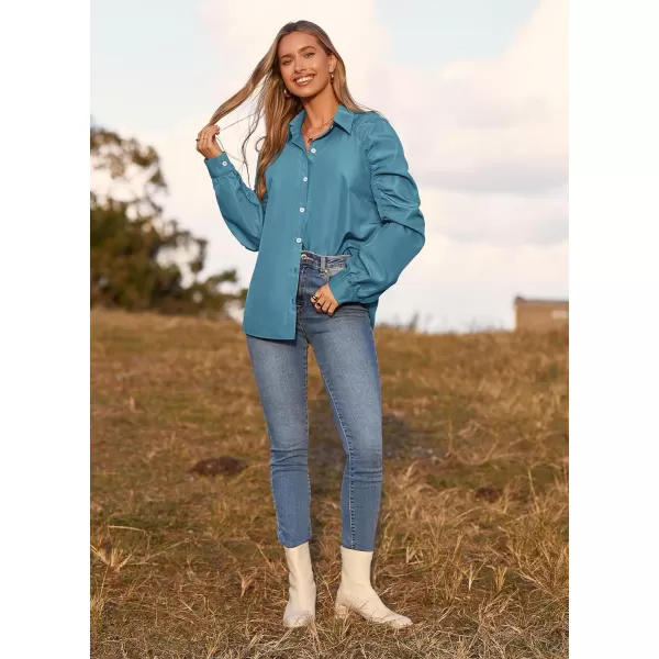 imagePRETTYGARDEN Womens 2023 Fall Fashion Button Down Shirts Ruched Long Sleeve Business Casual Blouse TopsLake Blue