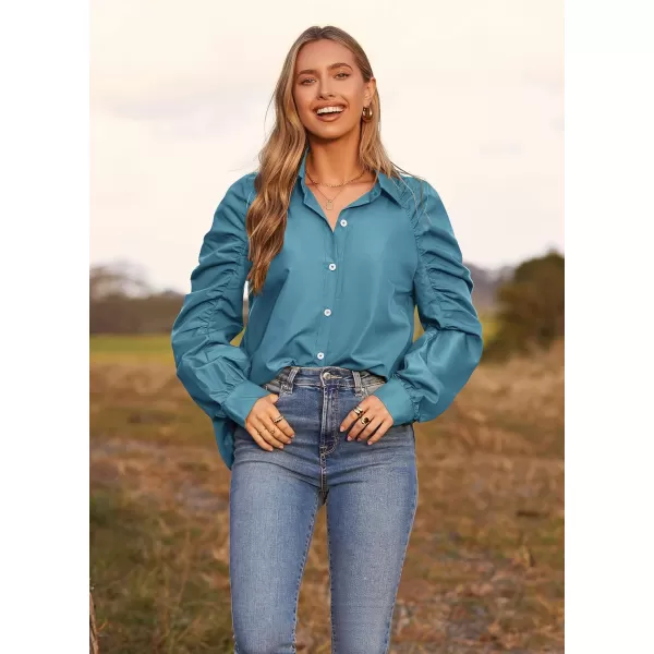 imagePRETTYGARDEN Womens 2023 Fall Fashion Button Down Shirts Ruched Long Sleeve Business Casual Blouse TopsLake Blue