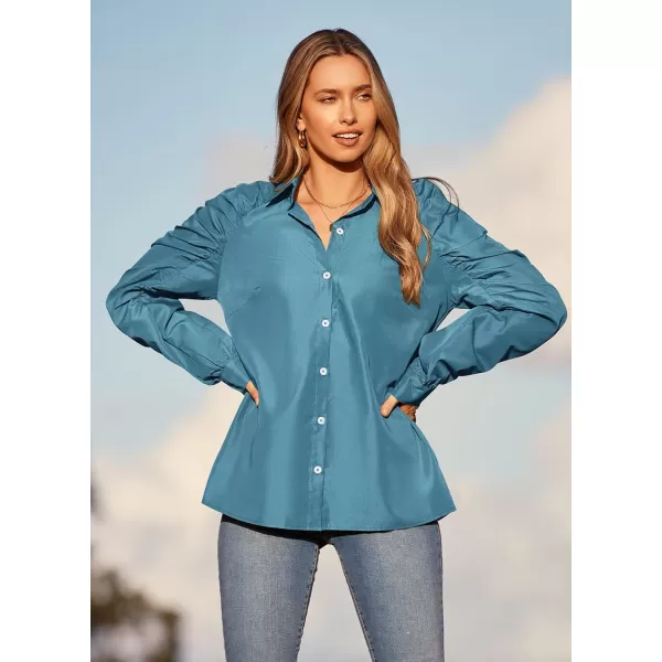 imagePRETTYGARDEN Womens 2023 Fall Fashion Button Down Shirts Ruched Long Sleeve Business Casual Blouse TopsLake Blue