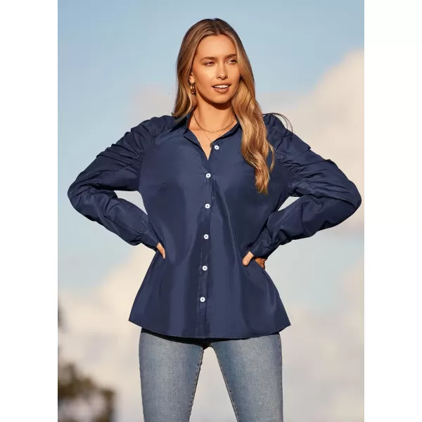 imagePRETTYGARDEN Womens 2023 Fall Fashion Button Down Shirts Ruched Long Sleeve Business Casual Blouse TopsNavy