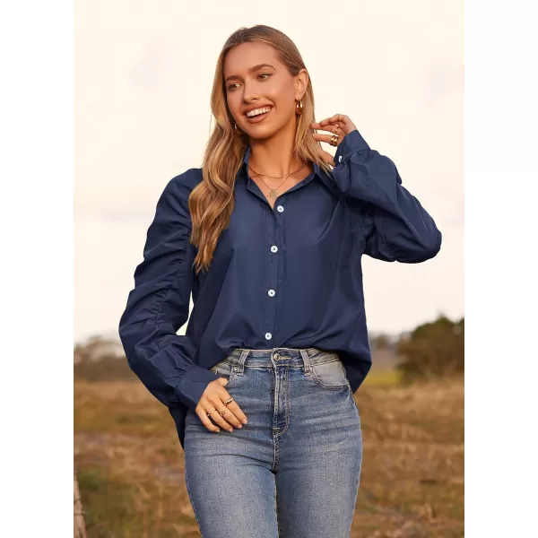 imagePRETTYGARDEN Womens 2023 Fall Fashion Button Down Shirts Ruched Long Sleeve Business Casual Blouse TopsNavy