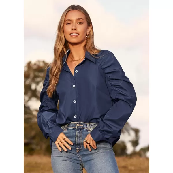 imagePRETTYGARDEN Womens 2023 Fall Fashion Button Down Shirts Ruched Long Sleeve Business Casual Blouse TopsNavy