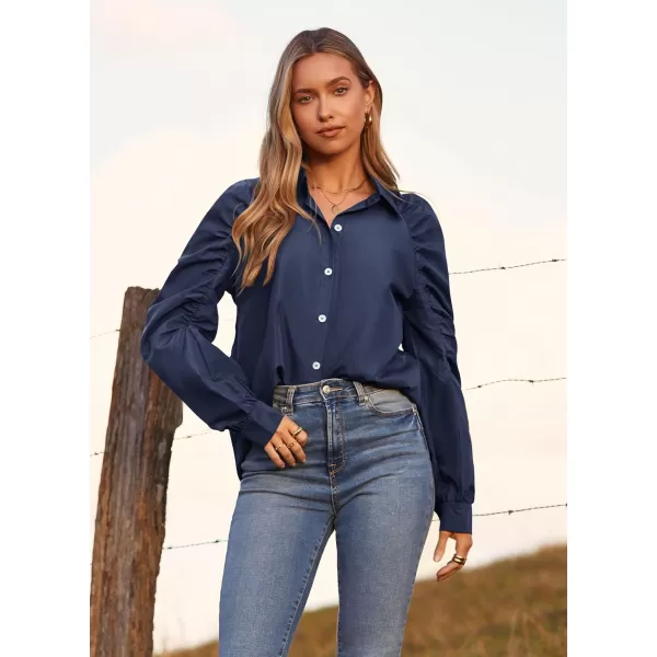 imagePRETTYGARDEN Womens 2023 Fall Fashion Button Down Shirts Ruched Long Sleeve Business Casual Blouse TopsNavy