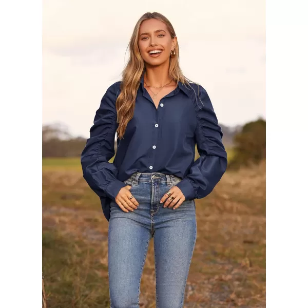 imagePRETTYGARDEN Womens 2023 Fall Fashion Button Down Shirts Ruched Long Sleeve Business Casual Blouse TopsNavy