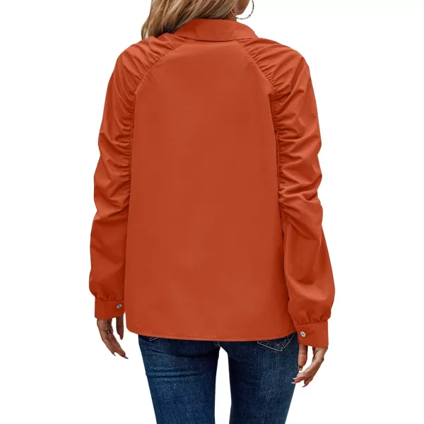 imagePRETTYGARDEN Womens 2023 Fall Fashion Button Down Shirts Ruched Long Sleeve Business Casual Blouse TopsOrange