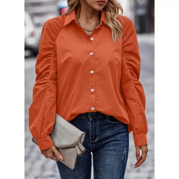 imagePRETTYGARDEN Womens 2023 Fall Fashion Button Down Shirts Ruched Long Sleeve Business Casual Blouse TopsOrange