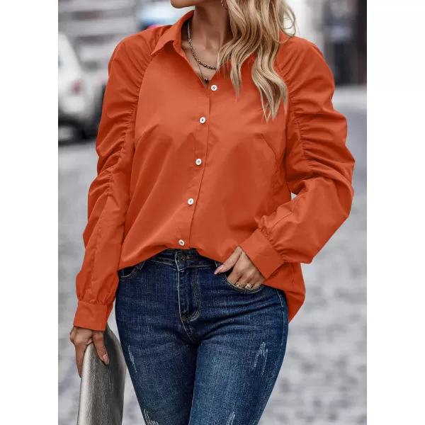 imagePRETTYGARDEN Womens 2023 Fall Fashion Button Down Shirts Ruched Long Sleeve Business Casual Blouse TopsOrange