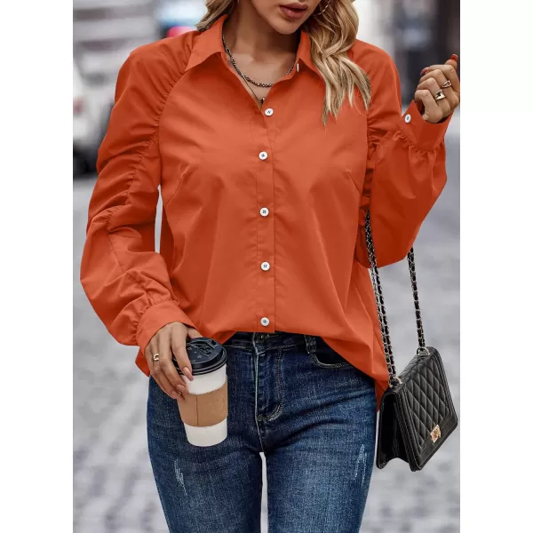 imagePRETTYGARDEN Womens 2023 Fall Fashion Button Down Shirts Ruched Long Sleeve Business Casual Blouse TopsOrange