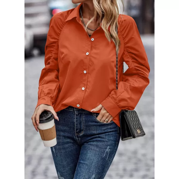 imagePRETTYGARDEN Womens 2023 Fall Fashion Button Down Shirts Ruched Long Sleeve Business Casual Blouse TopsOrange