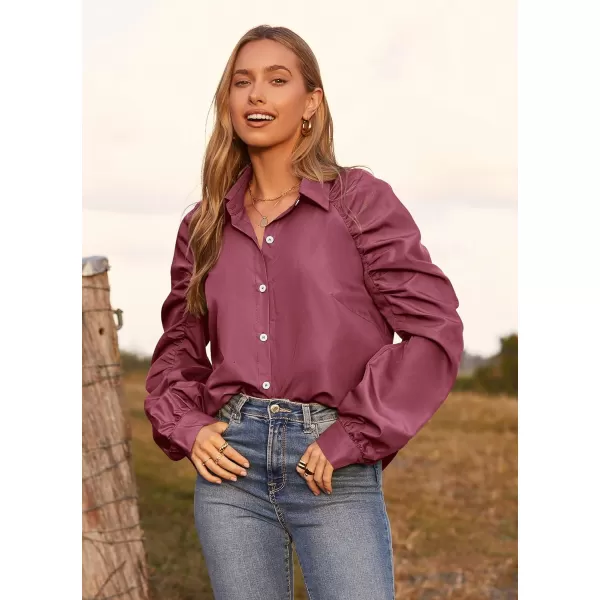 imagePRETTYGARDEN Womens 2023 Fall Fashion Button Down Shirts Ruched Long Sleeve Business Casual Blouse TopsWine Red