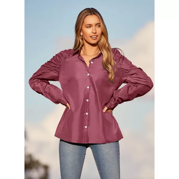 imagePRETTYGARDEN Womens 2023 Fall Fashion Button Down Shirts Ruched Long Sleeve Business Casual Blouse TopsWine Red