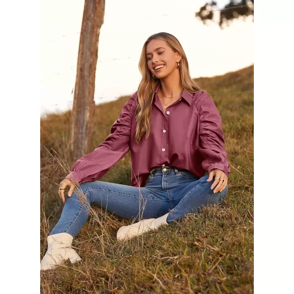 imagePRETTYGARDEN Womens 2023 Fall Fashion Button Down Shirts Ruched Long Sleeve Business Casual Blouse TopsWine Red