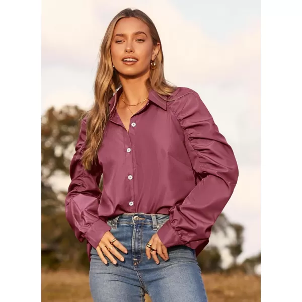 imagePRETTYGARDEN Womens 2023 Fall Fashion Button Down Shirts Ruched Long Sleeve Business Casual Blouse TopsWine Red