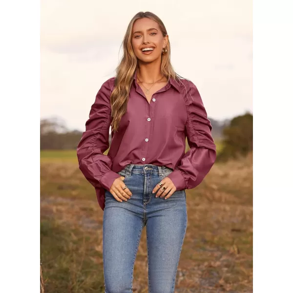 imagePRETTYGARDEN Womens 2023 Fall Fashion Button Down Shirts Ruched Long Sleeve Business Casual Blouse TopsWine Red