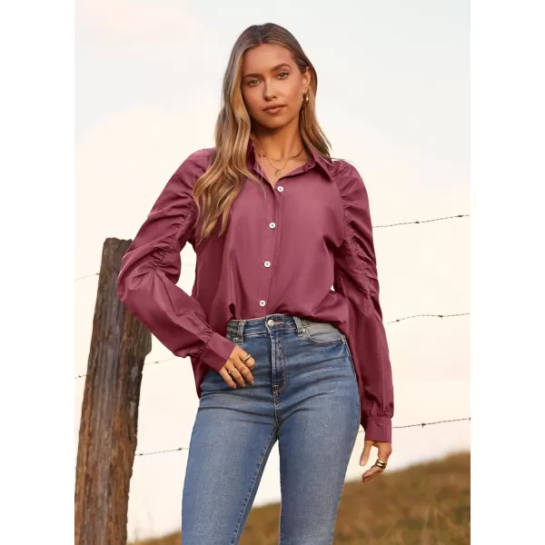 imagePRETTYGARDEN Womens 2023 Fall Fashion Button Down Shirts Ruched Long Sleeve Business Casual Blouse TopsWine Red