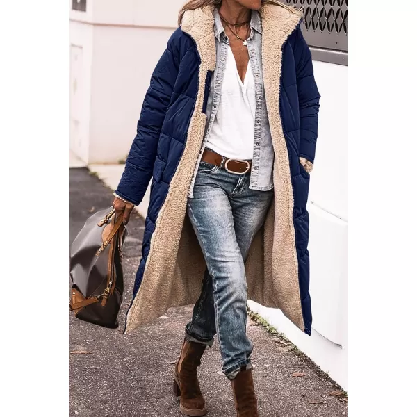 imagePRETTYGARDEN Womens 2023 Fall Fashion Coats Casual Loose Fleece Long Hooded Jackets OuterwearNavy