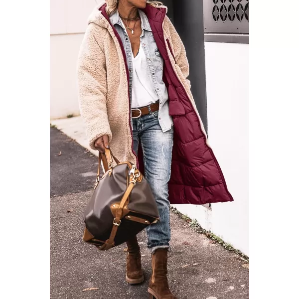 imagePRETTYGARDEN Womens 2023 Fall Fashion Coats Casual Loose Fleece Long Hooded Jackets OuterwearWine Red
