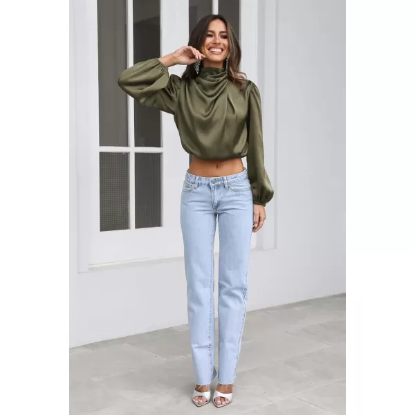 imagePRETTYGARDEN Womens 2023 Fall Fashion Crop Tops Long Sleeve Ruched Mock Neck Satin Shirt BlousesArmy Green