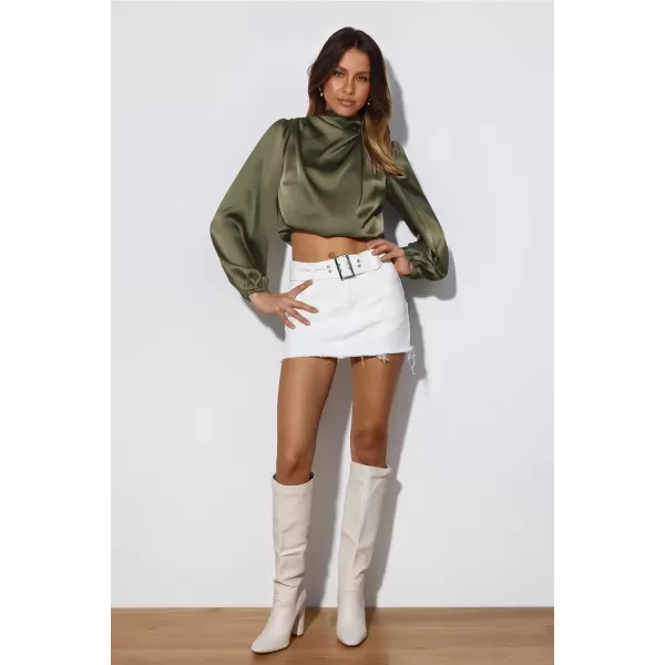 imagePRETTYGARDEN Womens 2023 Fall Fashion Crop Tops Long Sleeve Ruched Mock Neck Satin Shirt BlousesArmy Green