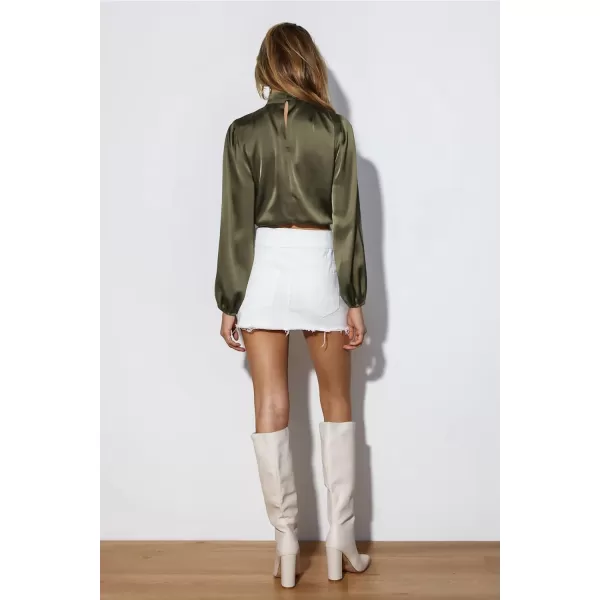 imagePRETTYGARDEN Womens 2023 Fall Fashion Crop Tops Long Sleeve Ruched Mock Neck Satin Shirt BlousesArmy Green