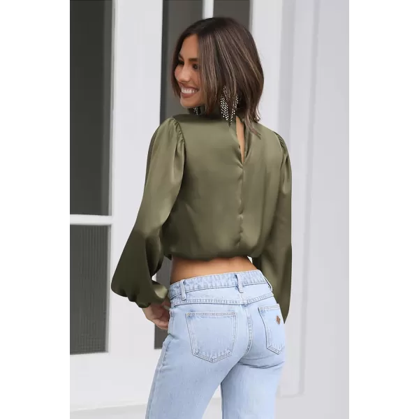 imagePRETTYGARDEN Womens 2023 Fall Fashion Crop Tops Long Sleeve Ruched Mock Neck Satin Shirt BlousesArmy Green