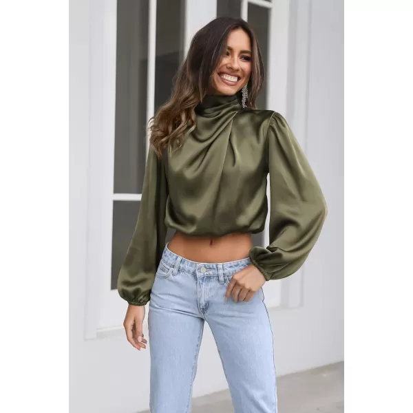 imagePRETTYGARDEN Womens 2023 Fall Fashion Crop Tops Long Sleeve Ruched Mock Neck Satin Shirt BlousesArmy Green